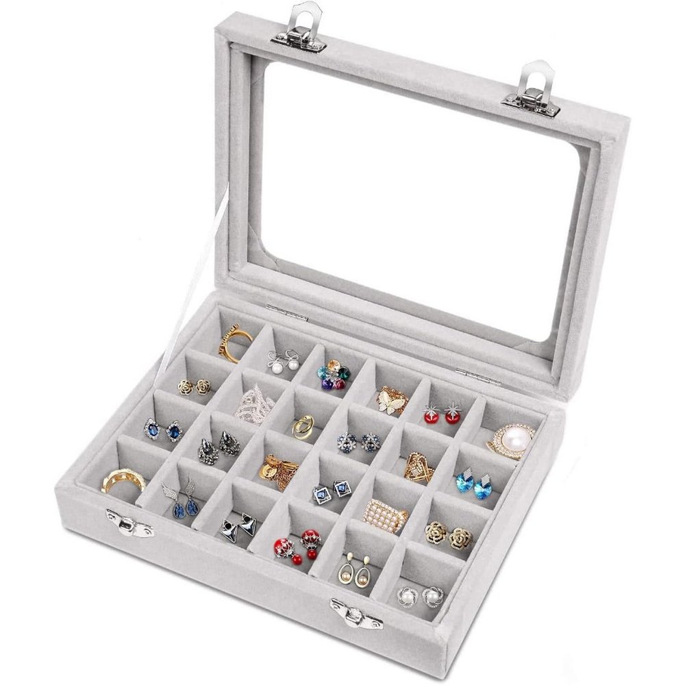 24 Grey Grid Velvet  Drawers Glass Clear Lid Showcase Display Storage Box